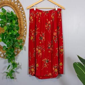 Leslie Fay Red Floral Pleated Midi Skirt Cottagecore Romantic Vtg | Dark Autumn